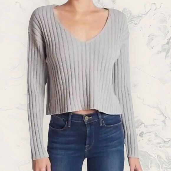 NEW Abound Nordstrom Grey Heather Ribbed Knit V-Neck Cropped Sweater Size XL - Picture 1 of 4